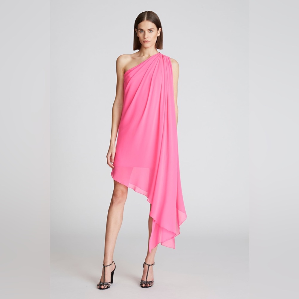 Halston Mira chiffon draped one shoulder dress, pink, size 6